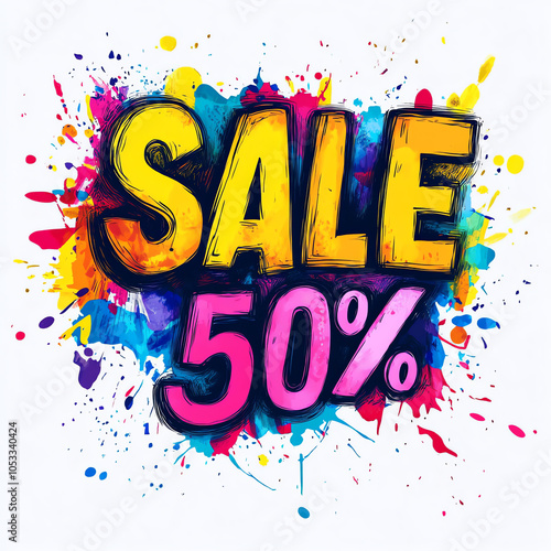 Colorful Sketch Style "SALE 50%" Logo with Paint Splatters