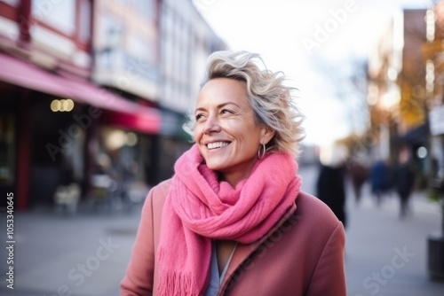 Portrait of a happy mature woman walking in the city with scarf