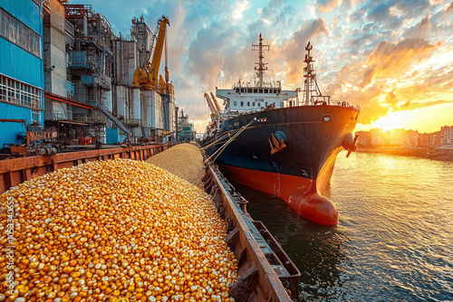 Global Grain Trade: Dry Cargo Ship Loading Corn at Harbor for Worldwide Distribution