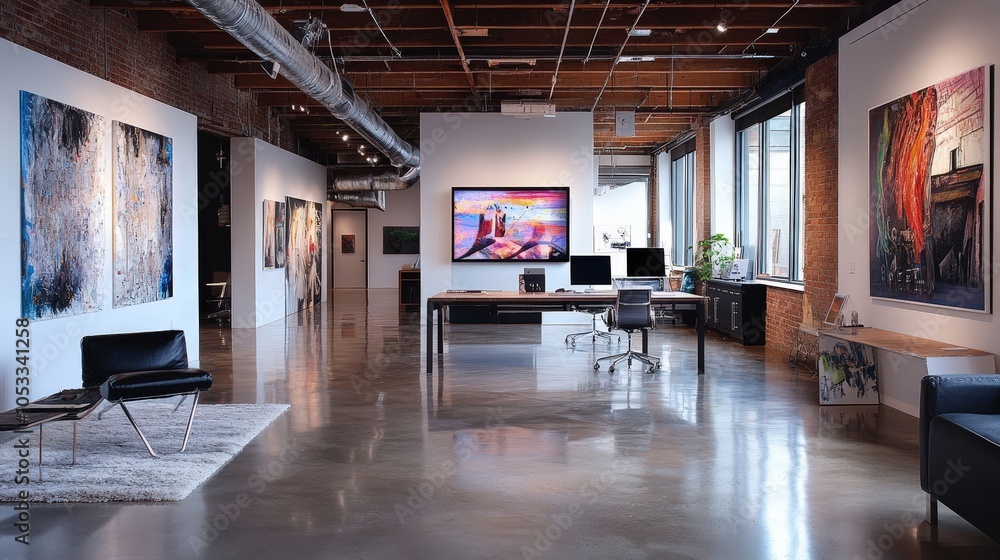 Fototapeta premium Modern Loft Workspace with Contemporary Art, Exposed Brick Walls, and Stylish Furniture in an Open Office Layout