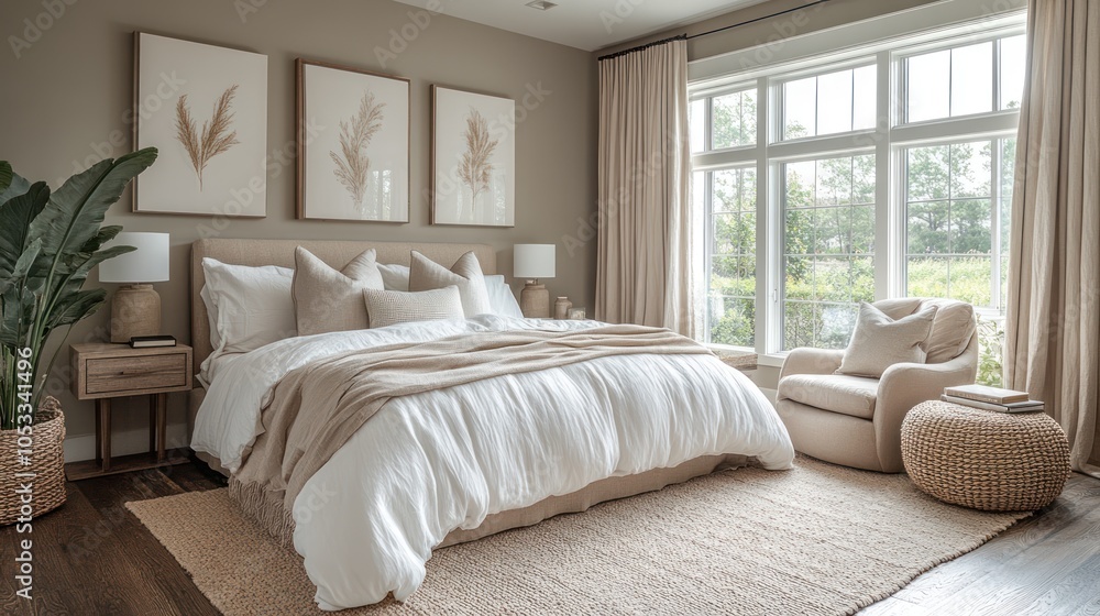 Fototapeta premium Minimalist guest bedroom with modern furniture, clean lines, and a soft neutral color scheme.
