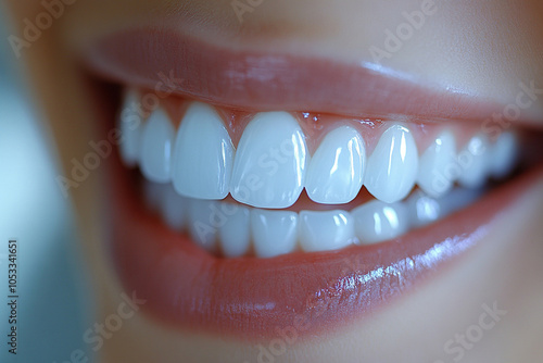 Close-up of a snow-white female smile. Dental and oral care concept. Generated by artificial intelligence