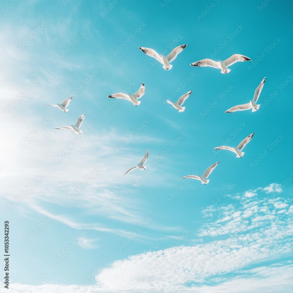 Obraz premium A flock of seagulls soaring through a bright blue sky with fluffy white clouds.