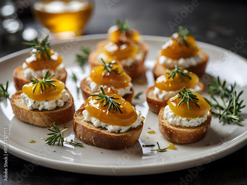 Mini crostinis with goat cheese and honey served on a chic platter. photo