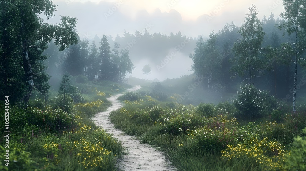 A serene forest pathway meanders through a mist-covered landscape, surrounded by lush greenery and vibrant wildflowers, evoking a peaceful, enchanted atmosphere. A serene forest pathway meanders through a mist-covered landscape, surrounded by lush greenery and vibrant wildflowers, evoking a peaceful, enchanted atmosphere.