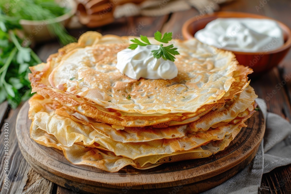 Delicious Stack of Homemade Pancakes with Whipped Cream in Rustic Kitchen Setting Delicious Stack of Homemade Pancakes with Whipped Cream in Rustic Kitchen Setting