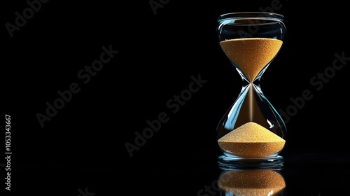 A glass hourglass with sand flowing through the bottom bulb against a black background. photo