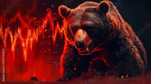 Angry bear with stock market decline chart in red background