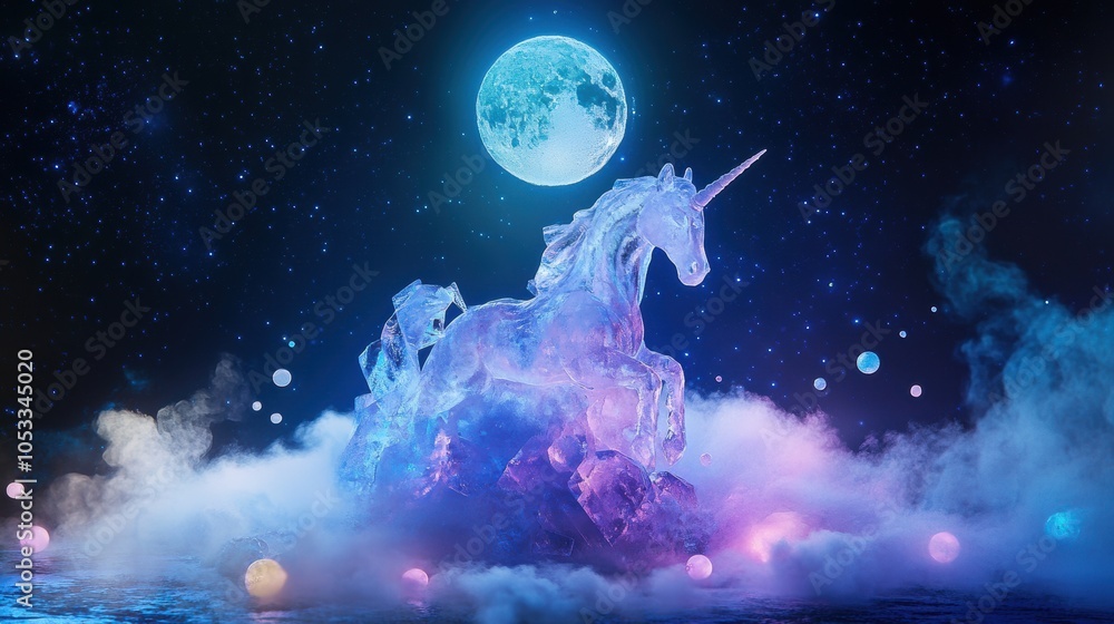 Majestic Ice Unicorn Sculpture Under Moonlight Majestic Ice Unicorn Sculpture Under Moonlight