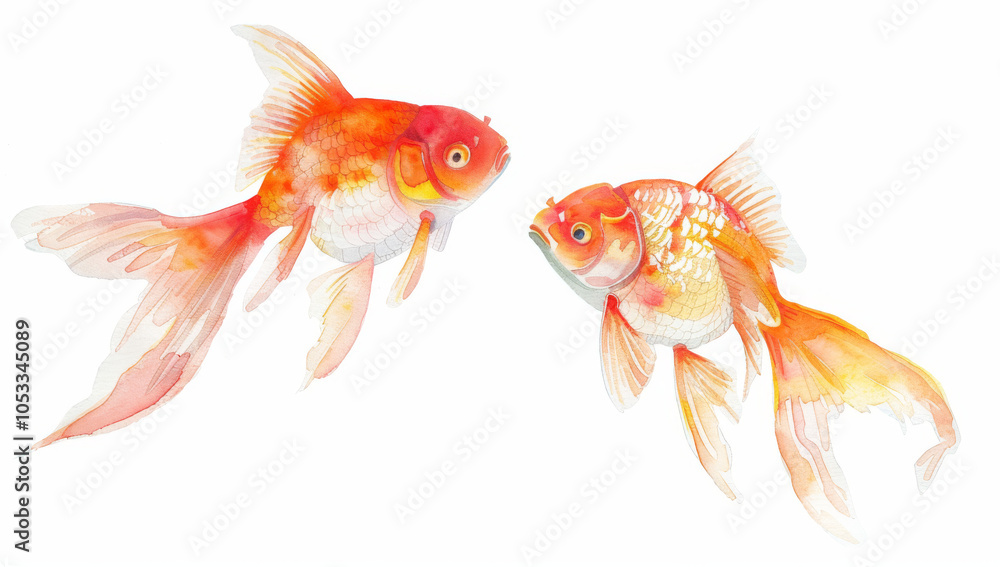 Fototapeta premium Watercolor illustration of two vibrant goldfish swimming peacefully on a pure white background.