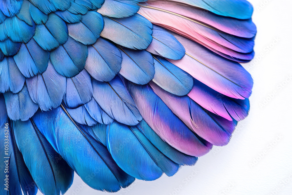 Obraz premium Vibrant Shades: Blue and Purple Feathers in Exquisite Detail on White Background