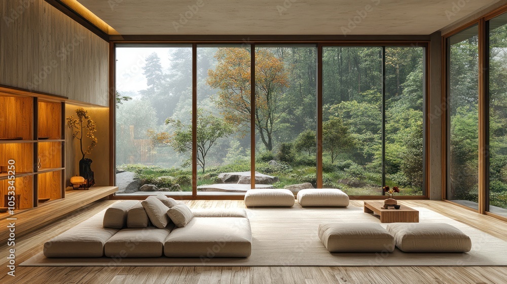 Fototapeta premium Minimalist living room with light wood finishes, a simple sofa, and large windows offering natural views.