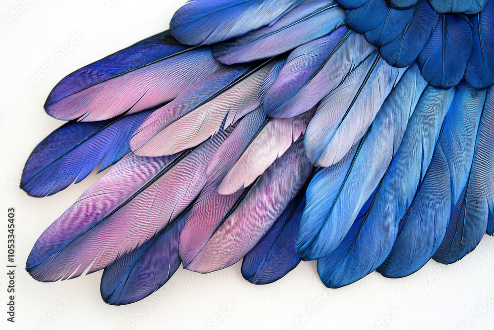 Obraz premium Vibrant Blue and Purple Feather Detail on White Background: Stunning Color Variations in High-Quality Image Collection
