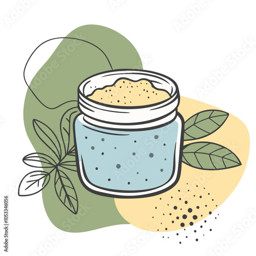 Jar of Scrub with Leaves, Winter Skincare Exfoliating Concept