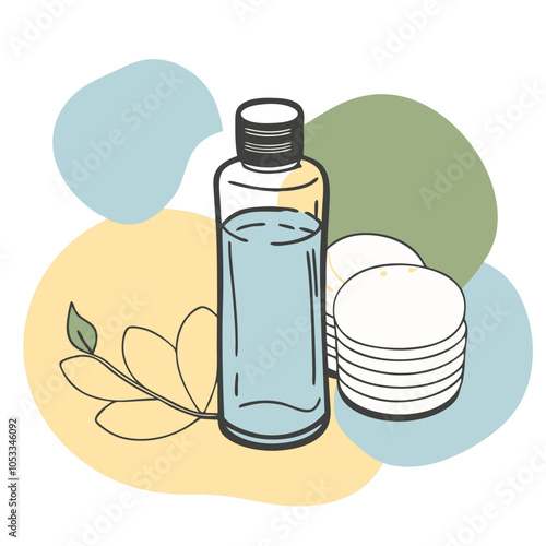 Micellar Water with Cotton Pads and Leaves, Winter Skincare Cleansing Solution Concept
