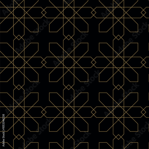 Abstract geometric pattern with crosses, stripes, lines. Seamless vector background. Black and gold ornament. Modern reticulated graphic design. photo