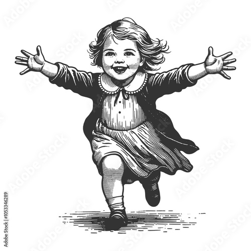 joyful little girl running with open arms, smiling and carefree, capturing the essence of childhood happiness and innocence sketch engraving generative ai vector illustration. Black and white image.