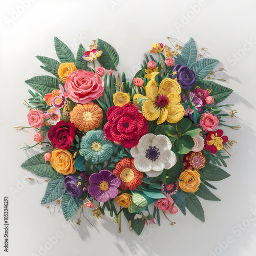 Embriodered  floral bouquet in the shape of a heart. Crocheted summer wildflowers are gathered in an exquisite delicate bouquet. grass, beads, leaves, twigs.