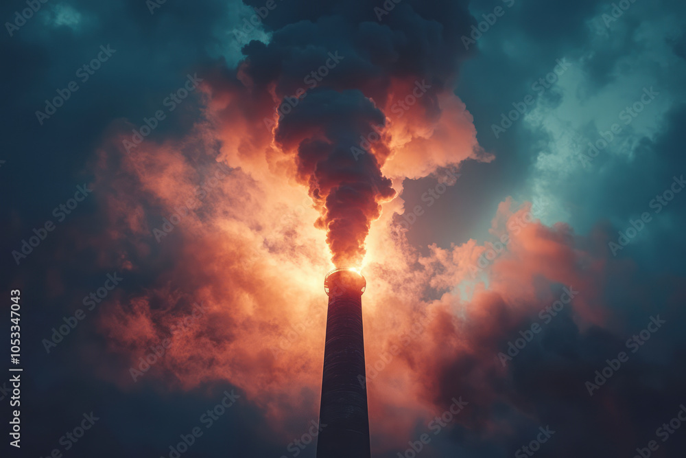 Fototapeta premium Creative capture of emissions from an industrial brown coal power plant chimney smokestack