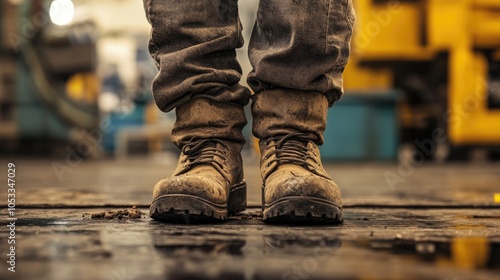 Close-Up of Dirty Work Boots on a Factory Floor