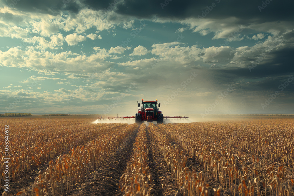 Fototapeta premium Springtime Spraying: Tractor Applying Pesticides to Soybean Field with Sprayer