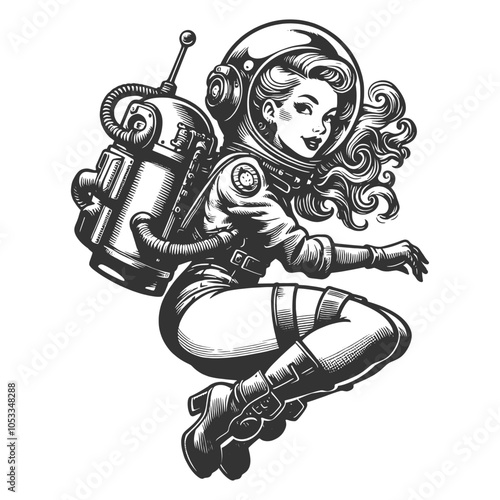 glamorous woman in a retro-style space helmet, vintage aesthetics with a futuristic astronaut theme sketch engraving generative ai vector illustration. Scratch board imitation. Black and white image.