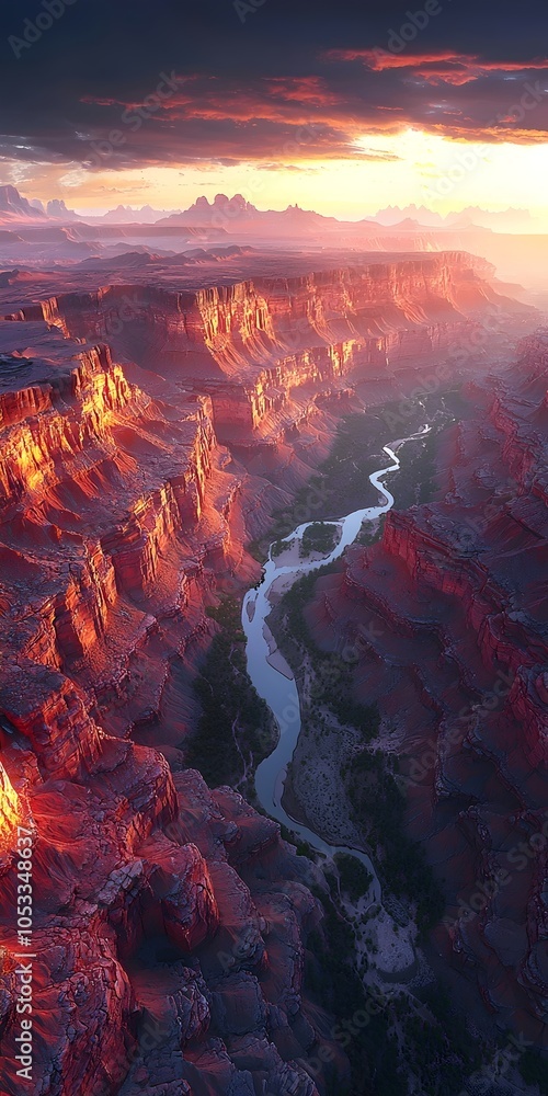 Fototapeta premium A breathtaking aerial view of a deep canyon at sunset, showcasing vibrant red rock formations and a winding river beneath dramatic clouds.