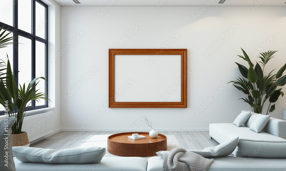 A modern living room with an empty picture frame and stylish furniture during daylight hours A modern living room with an empty picture frame and stylish furniture during daylight hours