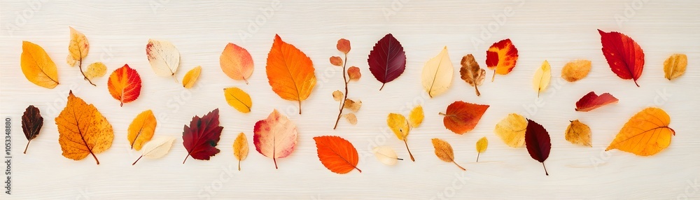 Fototapeta premium Collection of Colorful Autumn Leaves on a Wooden Surface