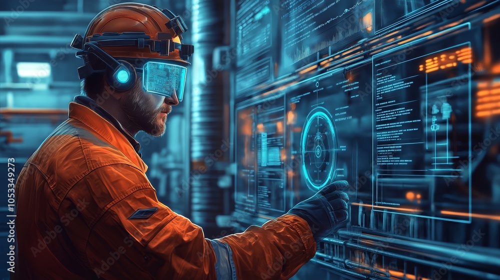 Engineer Testing AI-Based Fault Detection Systems on an Interactive Display in a High-Tech Industrial Facility