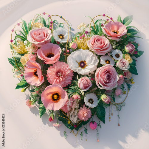 Floral bouquet in the shape of a heart. summer wildflowers are gathered in an exquisite delicate bouquet. grass, beads, leaves, twigs.