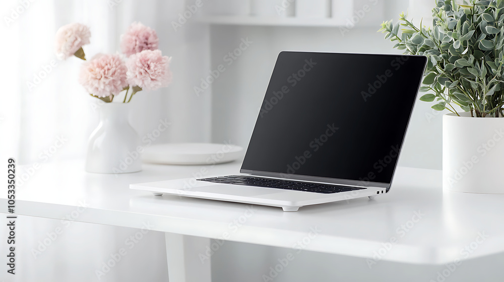 Fototapeta premium A minimal laptop setup on a clean white desk, with a focus on modern design 
