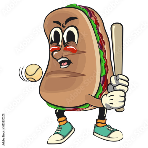 Sub Sandwich cartoon mascot illustration character vector playing baseball ready to hit the ball with the bat, work of hand drawn