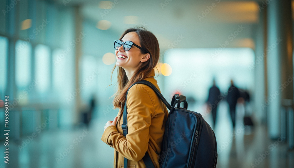 Excited Traveler Checks Phone at Airport, Ready for Adventure. Smiling Woman Traveling at the Airport Excited Traveler Checks Phone at Airport, Ready for Adventure. Smiling Woman Traveling at the Airport