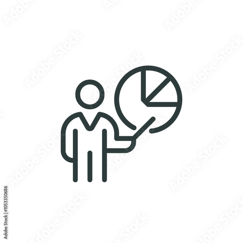Productivity indicator, business presentation, training, outline icon. Line sign man teacher or speaker near diagram. Vector isolated pictogram for web and app on white background editable stroke.