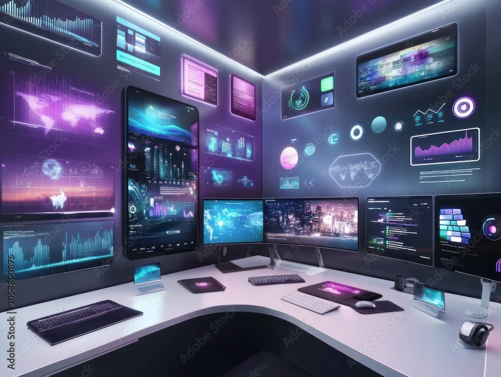Obraz premium A futuristic workspace with multiple screens displaying data and analytics.