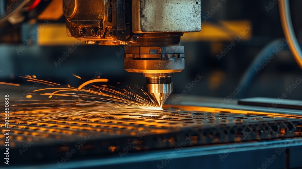 A laser cutting machine in action, producing sparks while cutting through metal. A laser cutting machine in action, producing sparks while cutting through metal.