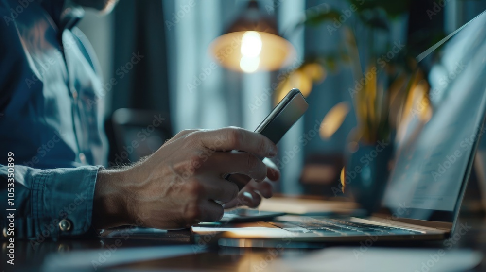Businessman Analyzing Financial Charts and Market Data on Laptop and Smartphone in Modern Office Businessman Analyzing Financial Charts and Market Data on Laptop and Smartphone in Modern Office