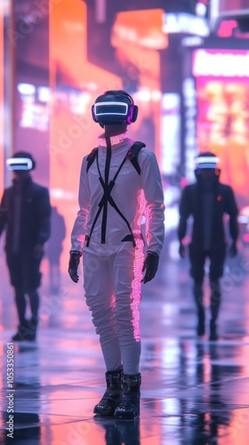 Futuristic figures in VR headsets walk through a neon-lit urban environment.