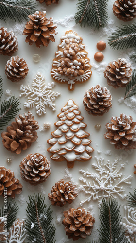 topdown shot of Christmas frost decorated cookies with trees, snow, stars