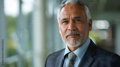 Headshot close-up portrait of a confident Indian or Latin mature middle-aged male leader, CEO, or businessman in a suit, with an office background