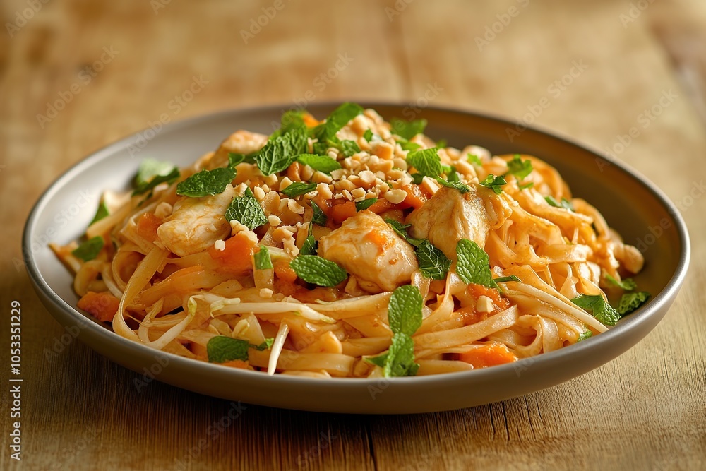 Delicious Pad Thai with chicken and peanuts on a gray plate.