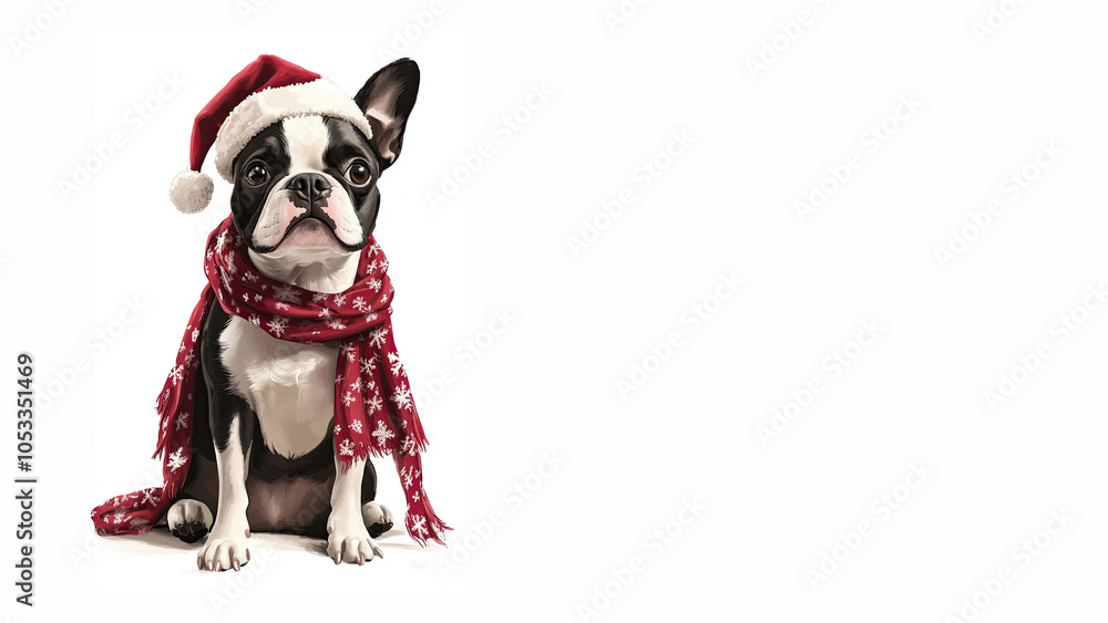 Fototapeta premium Adorable watercolor illustration of a Boston Terrier n festive Christmas outfit on a white background. Perfect for holiday banners, social media, and marketing.