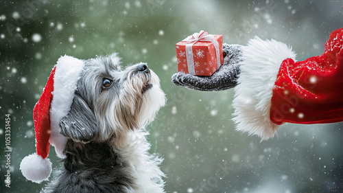a photograph of an adorable Christmas scene featuring a dog looking up at a small wrapped present being handed to it by a person dressed as Santa Claus