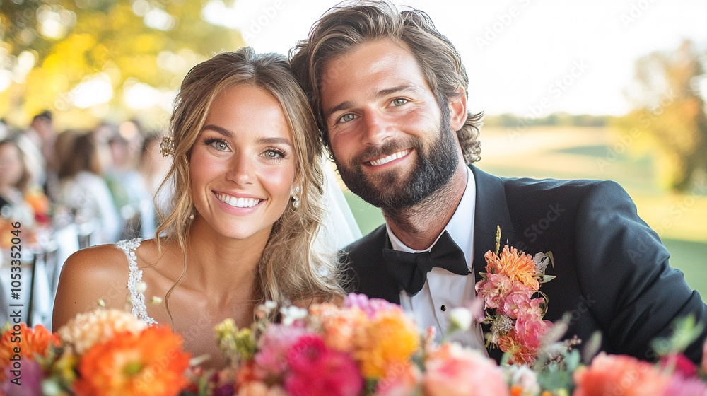 Photo of a bride and groom at a wedding Photo of a bride and groom at a wedding