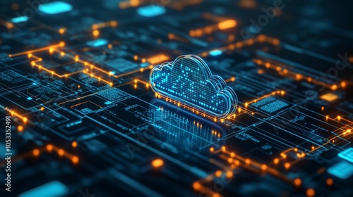 Digital Cloud Icon Representing Data Storage and Interconnected Cloud Computing Systems on a Futuristic Circuit Board photo