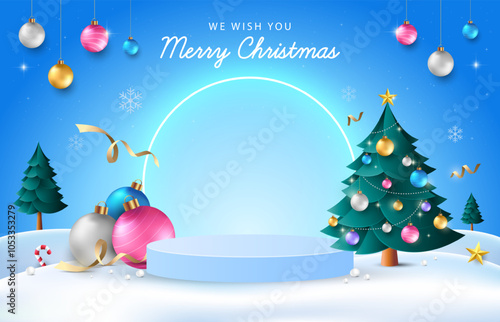 3d glowing blue Christmas design with Christmas tree and ornaments, with podium background. Vector template for greeting cards, promotional banner.