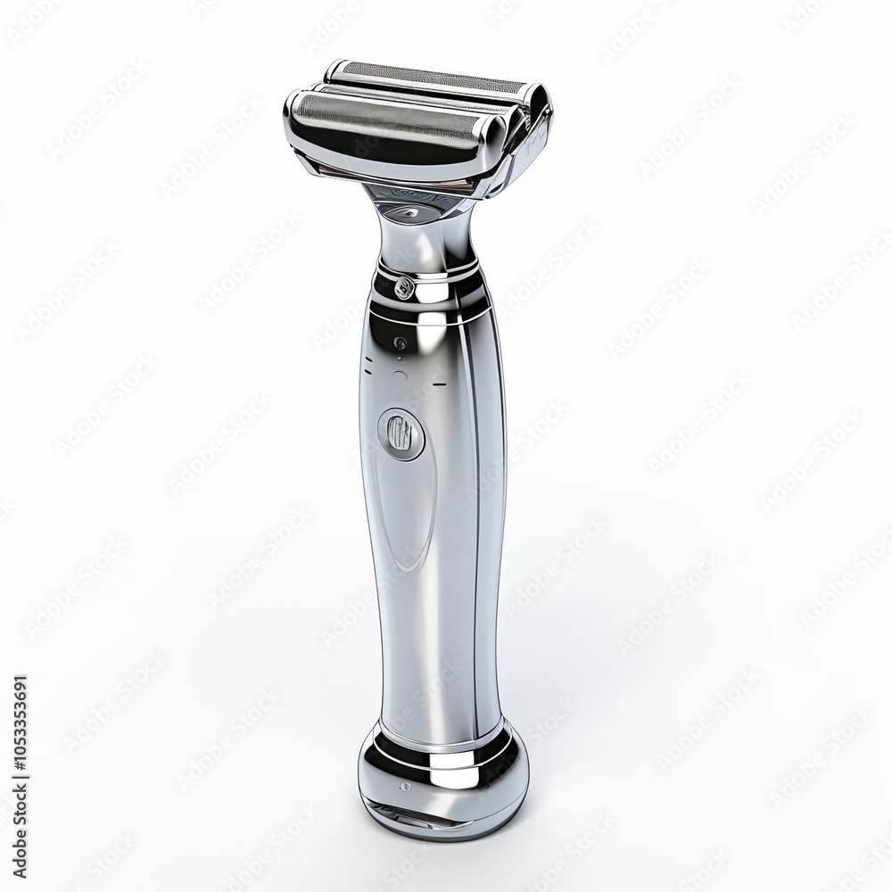 Metallic electric shaver with dual shaving heads on white background. Studio product photography.