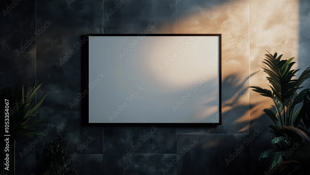 Minimalist interior design with LED TV screen on a dark textured wall, soft natural light, and decorative indoor plants Minimalist interior design with LED TV screen on a dark textured wall, soft natural light, and decorative indoor plants