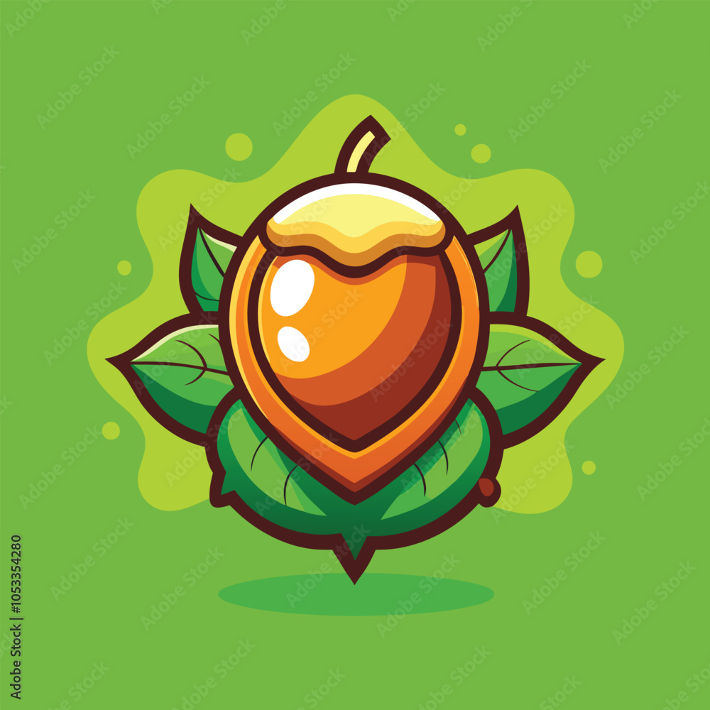 Fototapeta premium A cartoon illustration of a hazelnut with leaves on a green background. 